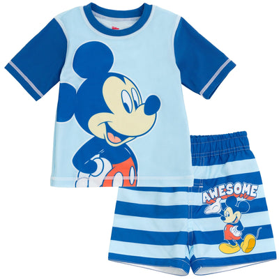 Disney Mickey Mouse UPF 50+ Rash Guard Swim Trunks Outfit Set - imagikids