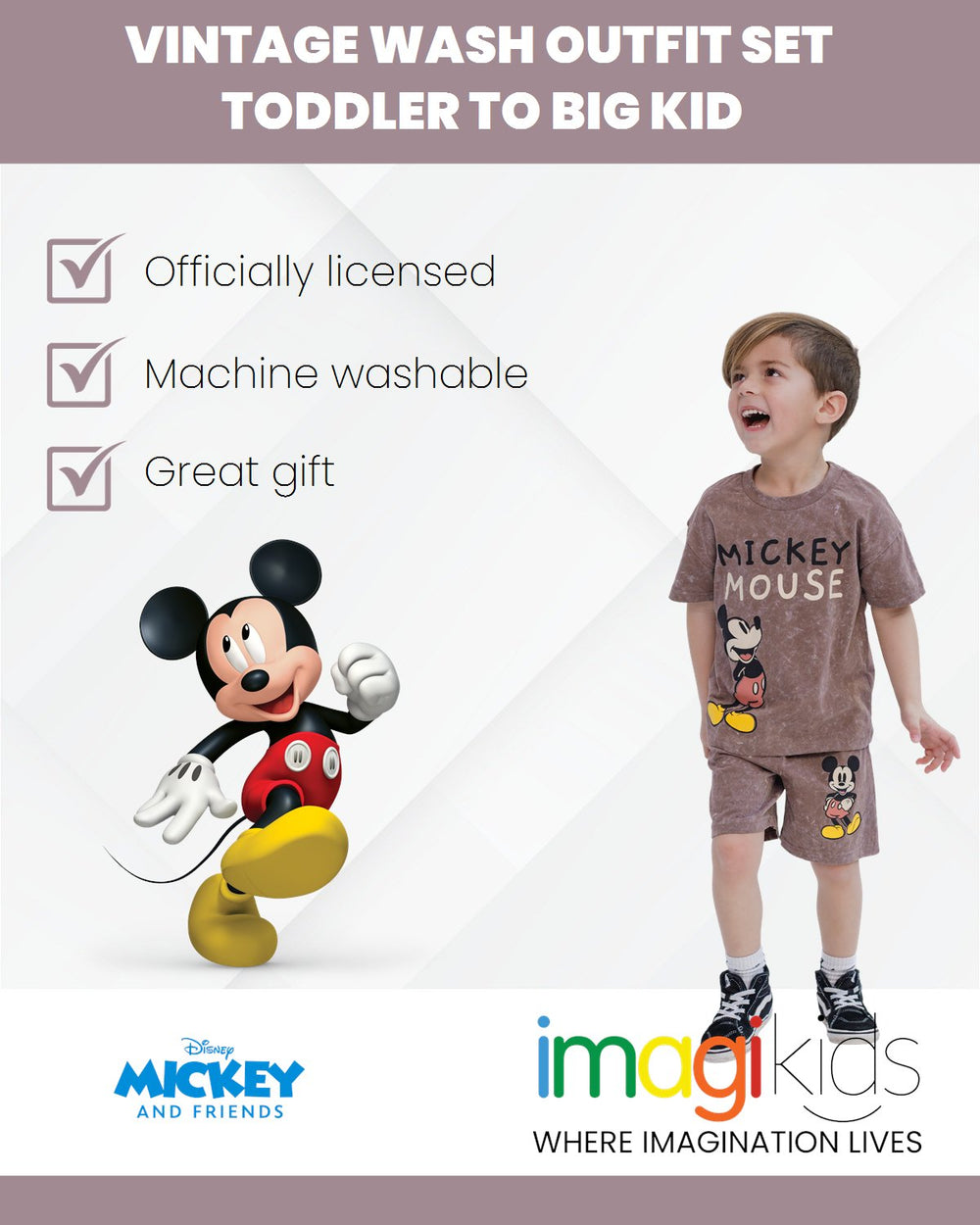Disney Mickey Mouse Vintage Wash Drop Shoulder T-Shirt and Shorts Outfit Set - imagikids
