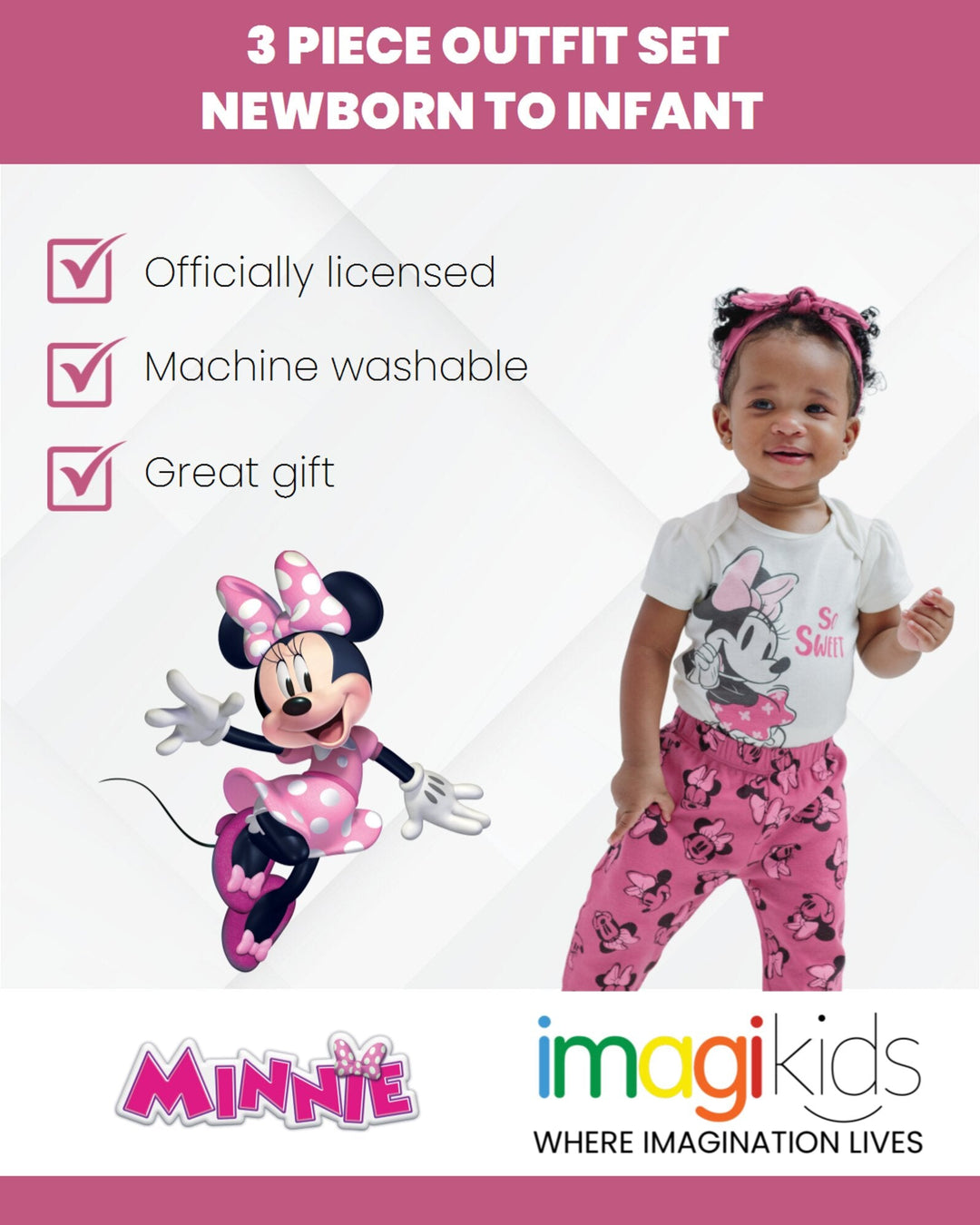 Disney Minnie Mouse Bodysuit Pants and Headband 3 Piece Outfit Set - imagikids