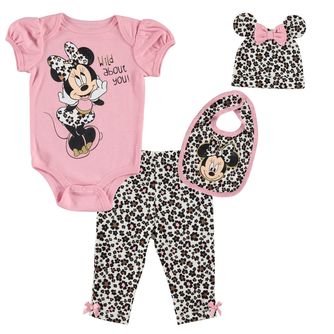 Disney Minnie Mouse Bodysuit Pants Bib and Hat 4 Piece Outfit Set - imagikids