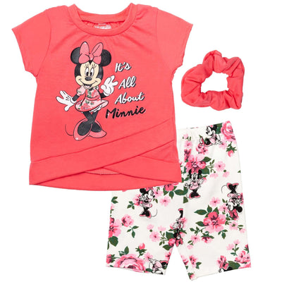 Disney Minnie Mouse Crossover T-Shirt Bike Shorts and Scrunchie 3 Piece Outfit Set - imagikids