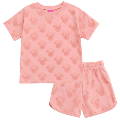 Disney Minnie Mouse French Terry Drop Shoulder T - Shirt and Dolphin Shorts Outfit Set - imagikids