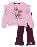 Disney Minnie Mouse Girls Fleece Drop Shoulder Pullover Sweatshirt and Ribbed Flare Leggings Outfit Set Toddler to Big Kid