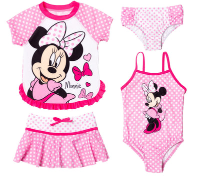 Disney Minnie Mouse UPF 50+ One Piece Bathing Suit Bikini Top Rash Guard Swim Skirt Modest Swimsuit Bottom 5 Set - imagikids
