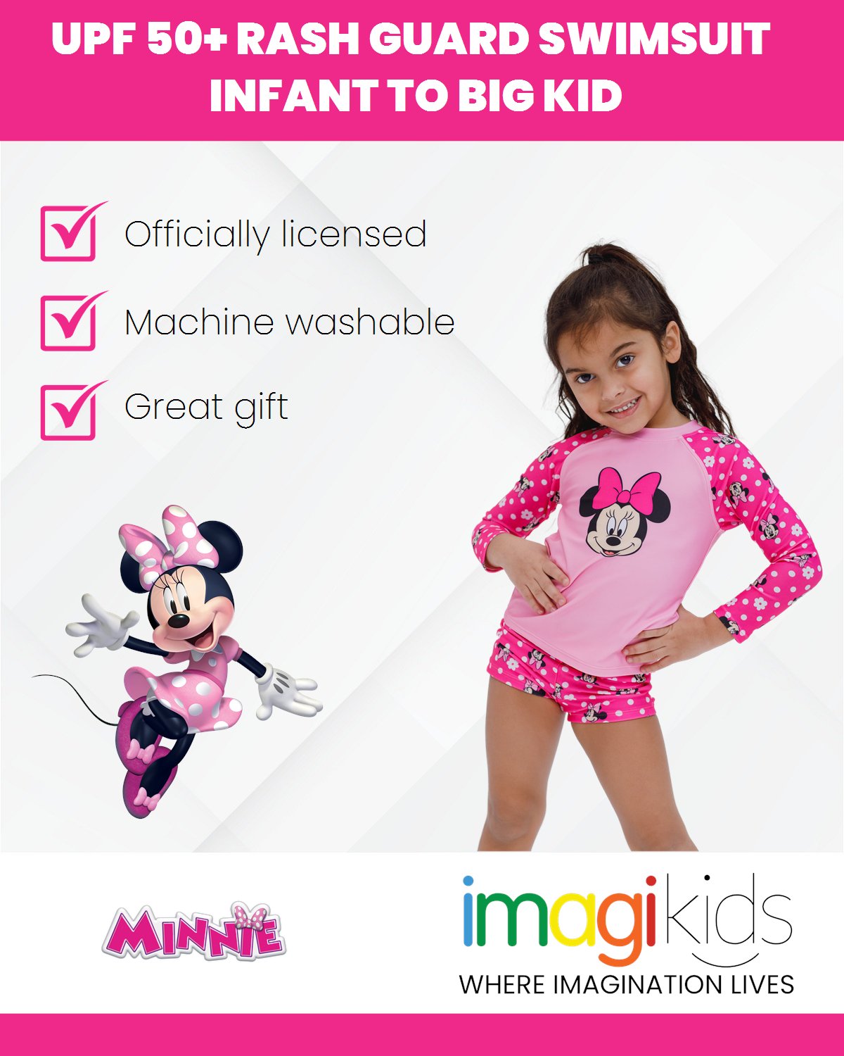 Disney Minnie Mouse UPF 50+ Rash Guard Swim Shorts Swimsuit Set - imagikids