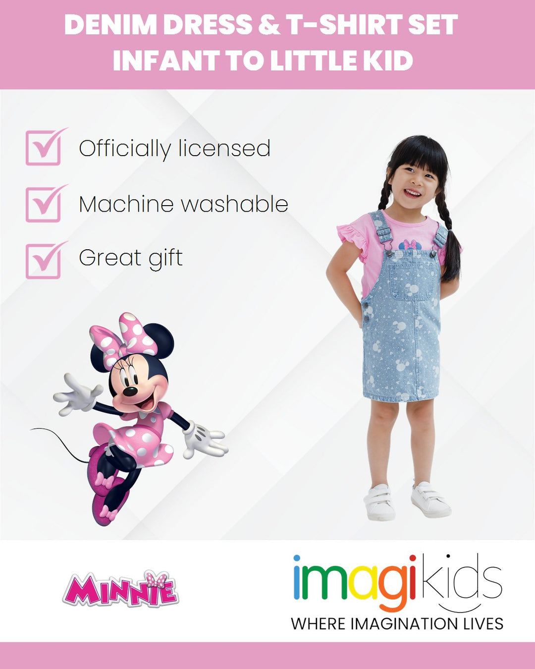 Disney Minnie Mouse Vintage Wash Denim Overall Dress and T - Shirt Outfit Set - imagikids