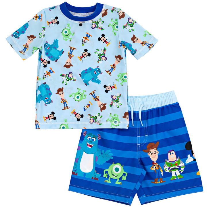 Disney Pixar D100 Toy Story Monsters Inc. Mickey Mouse Buzz Lightyear Rash Guard and Swim Trunks Outfit