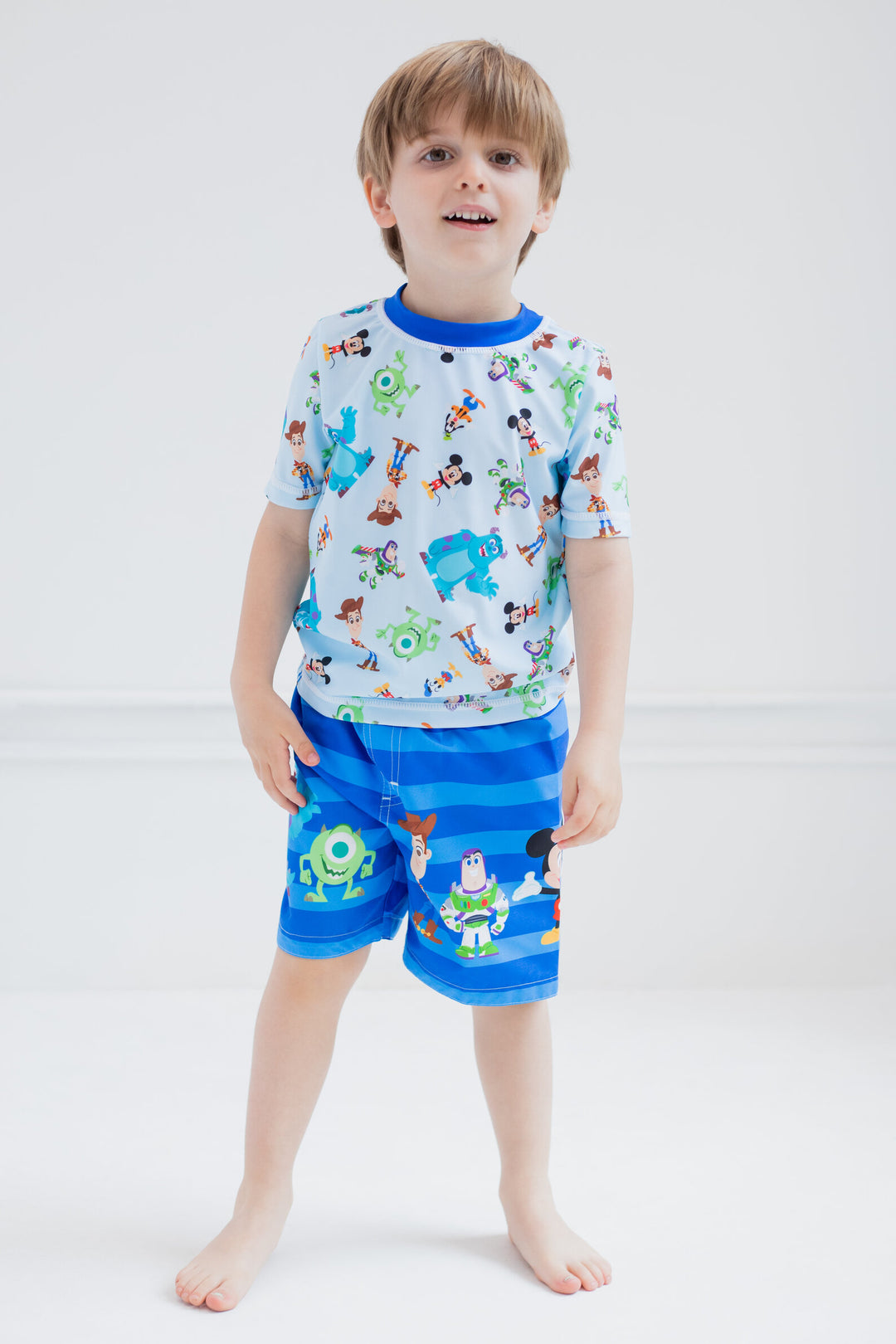 Disney Pixar D100 Toy Story Monsters Inc. Mickey Mouse Buzz Lightyear Rash Guard and Swim Trunks Outfit