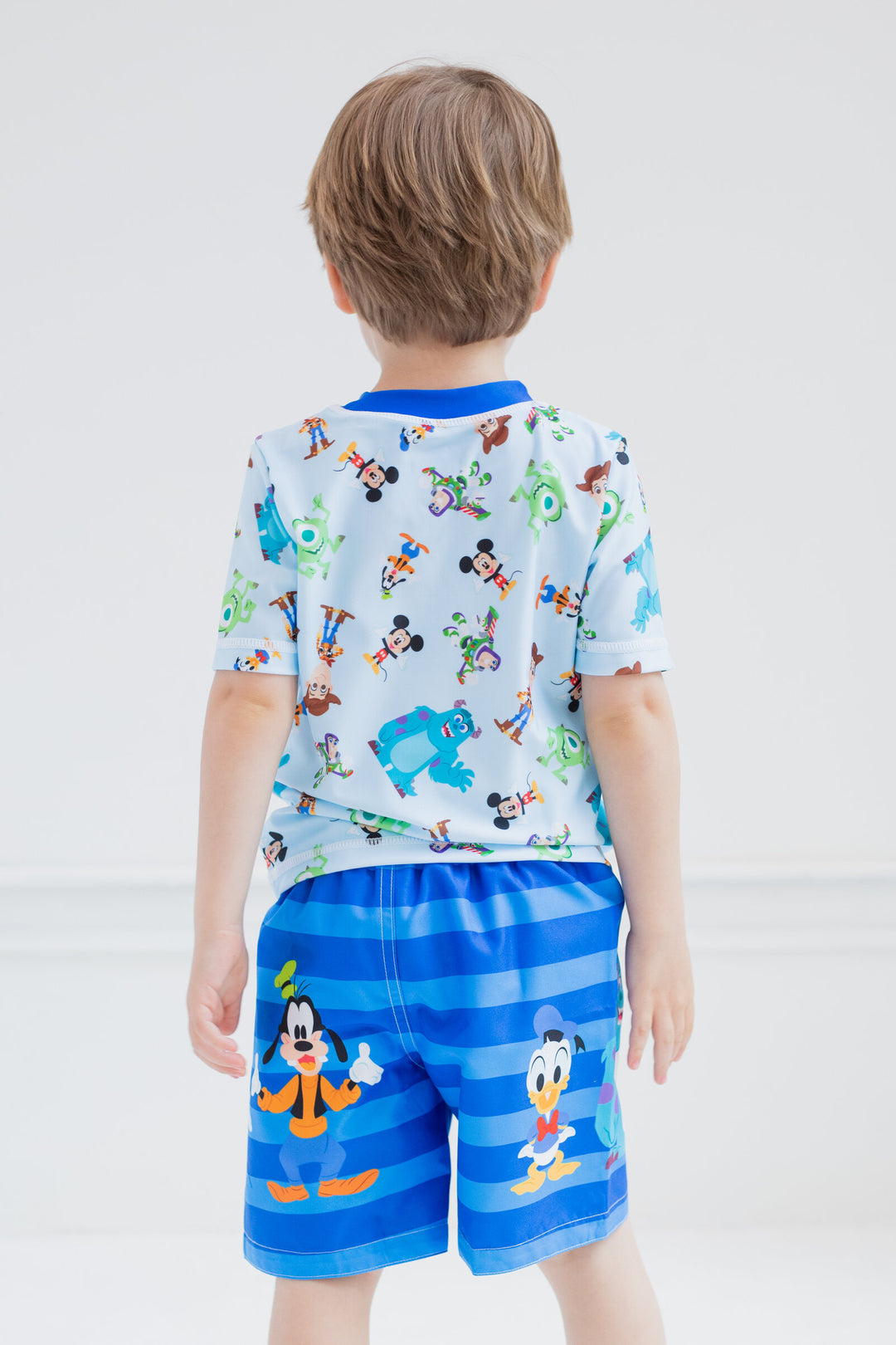 Disney Pixar D100 Toy Story Monsters Inc. Mickey Mouse Buzz Lightyear Rash Guard and Swim Trunks Outfit