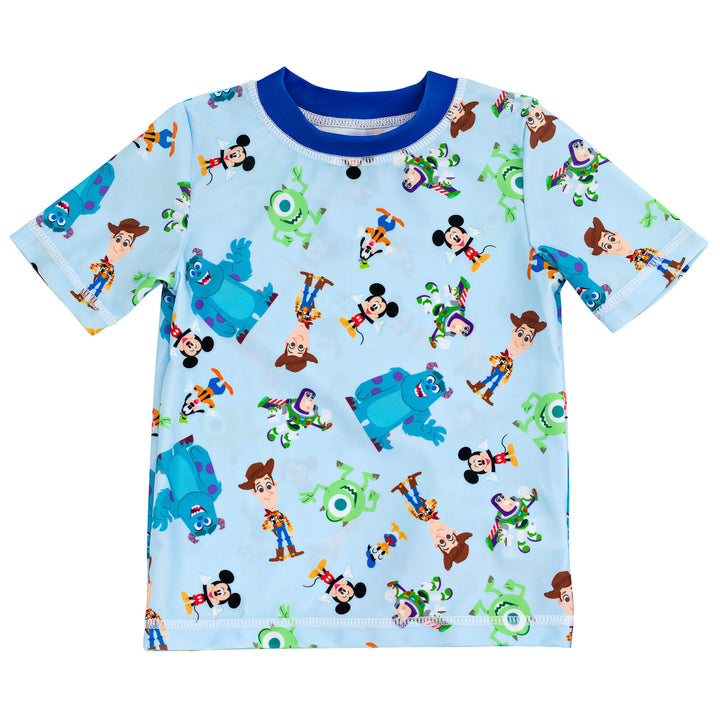 Disney Pixar D100 Toy Story Monsters Inc. Mickey Mouse Buzz Lightyear Rash Guard and Swim Trunks Outfit