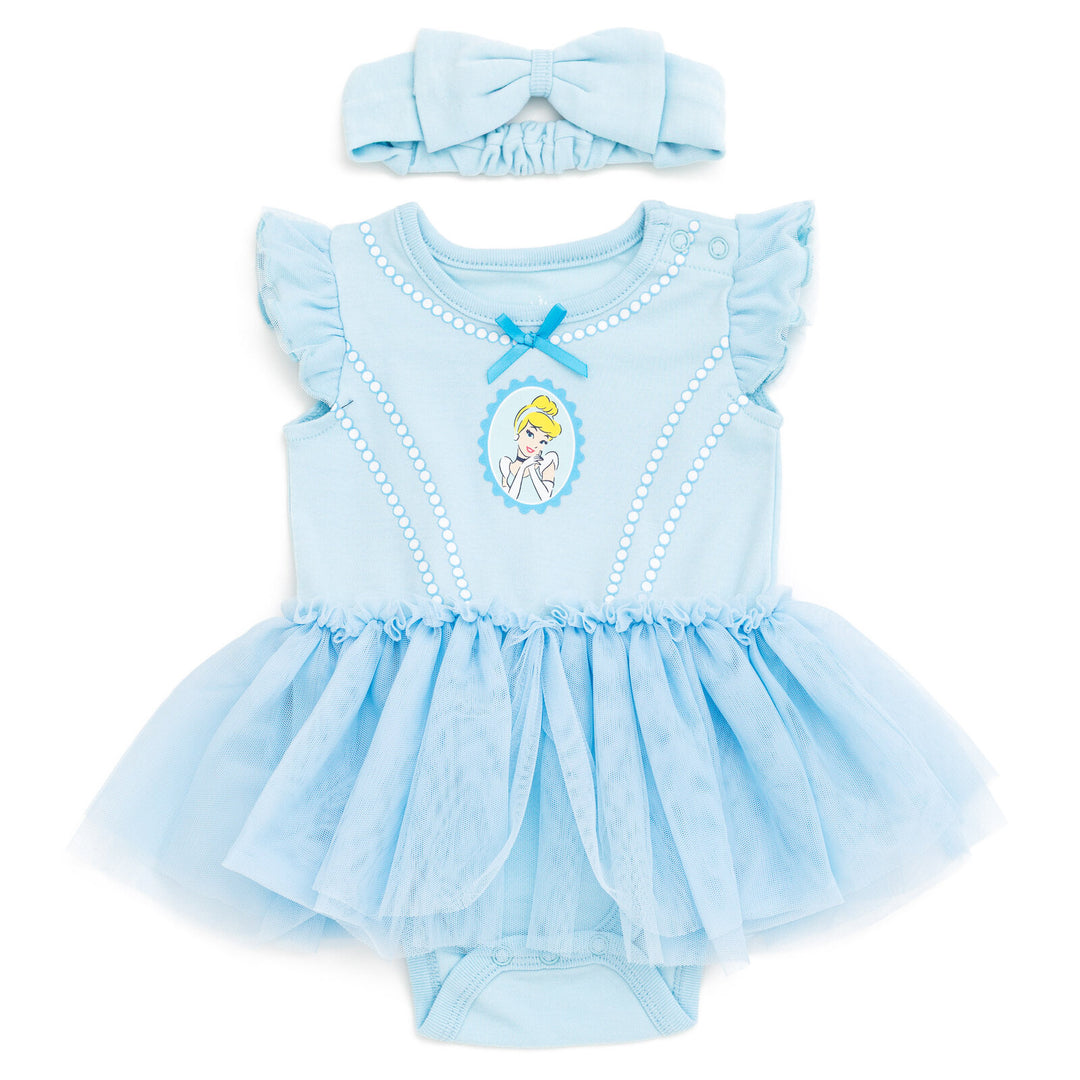 Disney Princess Cinderella Infant Baby Girls Cosplay Bodysuit With Skirt Overlay & Headband Outfit Set Pastel Blue 24 Months