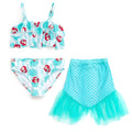 Disney Princess Little Mermaid Ruffled Square Neck UPF 50+ Bikini Top, Bottom and Tail 3 Piece Swim Set
