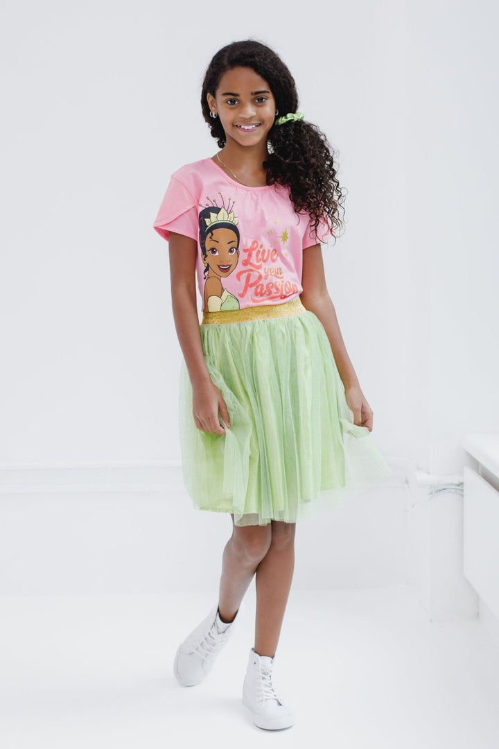 Disney Princess Princess Tiana T-Shirt Tulle Mesh Skirt and Scrunchie 3 Piece Outfit Set - imagikids