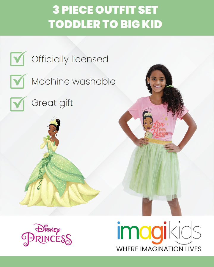 Disney Princess Princess Tiana T-Shirt Tulle Mesh Skirt and Scrunchie 3 Piece Outfit Set - imagikids