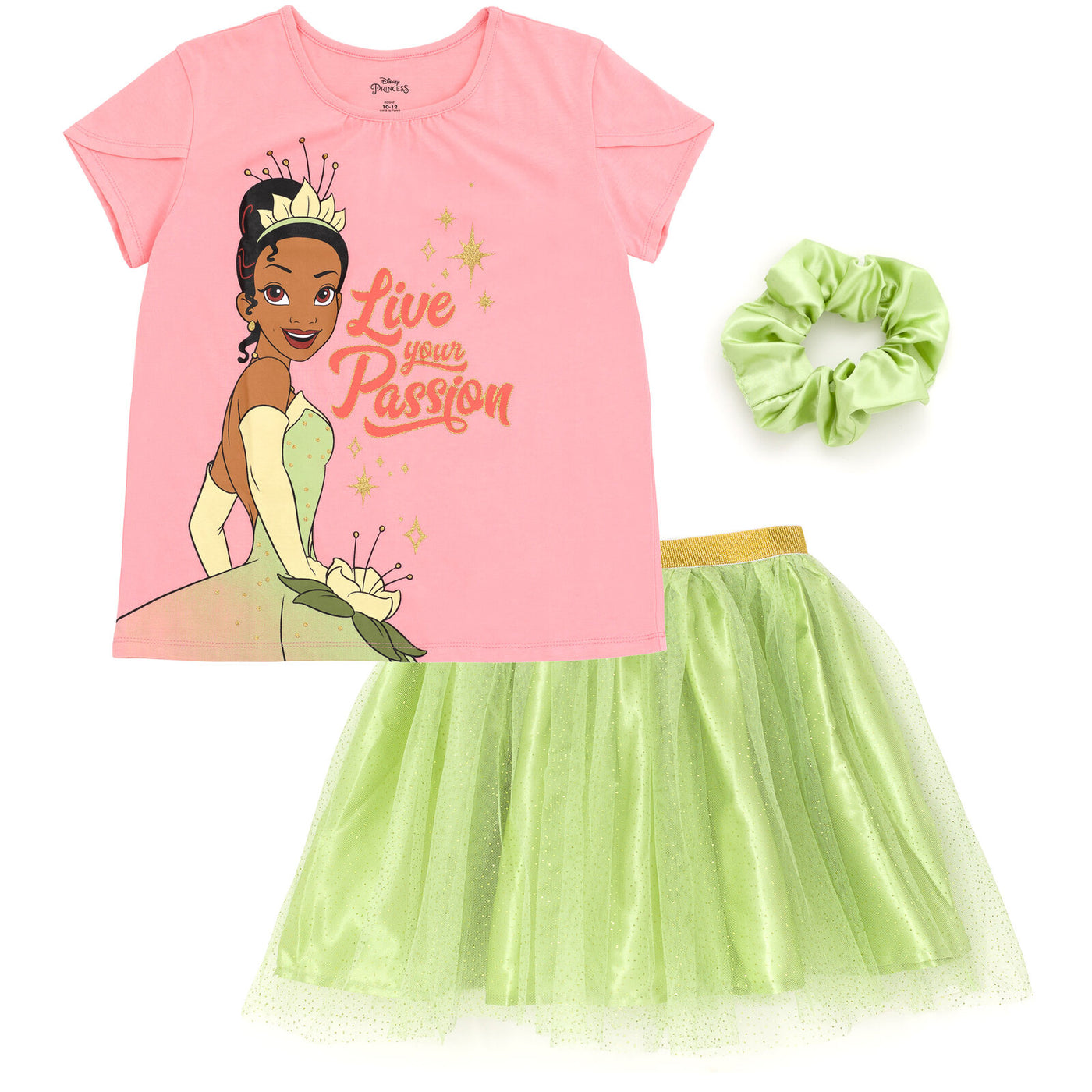 Disney Princess Princess Tiana T-Shirt Tulle Mesh Skirt and Scrunchie 3 Piece Outfit Set