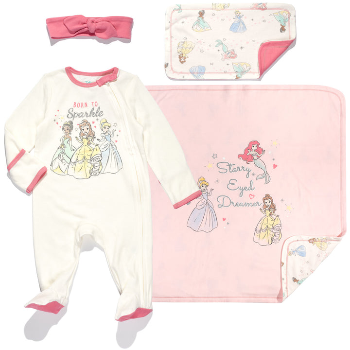 Disney Princess Cuddly Zip Up Sleep N' Play Coverall Headband Burp Cloth and Blanket 4 Piece Outfit Set