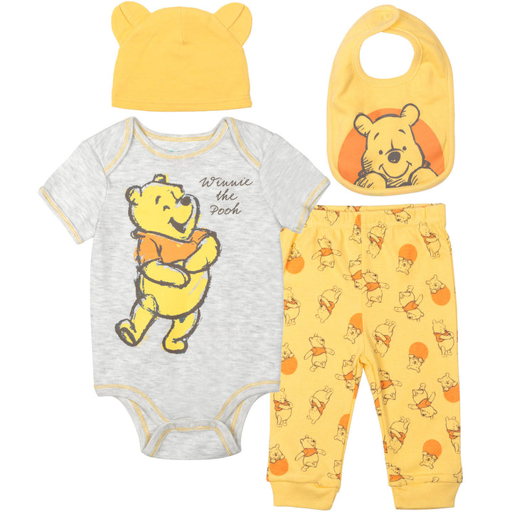 Winnie the Pooh 4 Piece Outfit Set: Bodysuit Pants Bib Hat