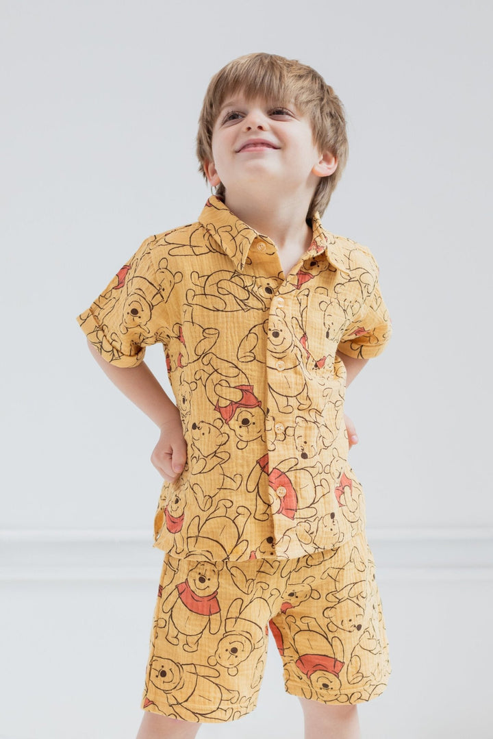 Disney Winnie the Pooh Cotton Gauze Hawaiian Button Down Shirt and Shorts Outfit Set - imagikids