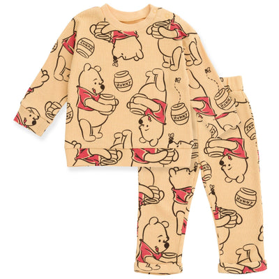 Disney Winnie the Pooh Waffle Knit Drop Shoulder Sweatshirt and Jogger Pants Outfit Set - imagikids