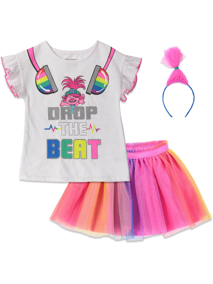 Conjunto de 3 piezas de falda de tul y diadema con camiseta Poppy de DreamWorks