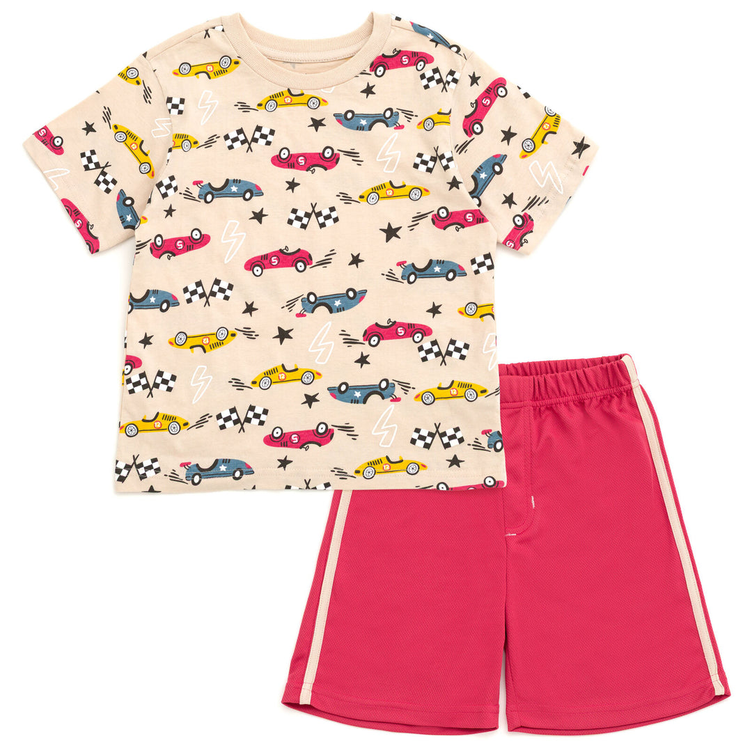Funstuff Boys' Athletic 2-Piece T-Shirt and Shorts Set Race Car Beige Red