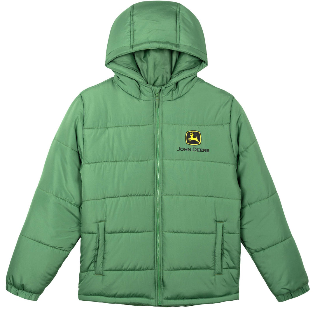 John Deere Men's Hooded Puffer Jacket Green Logo