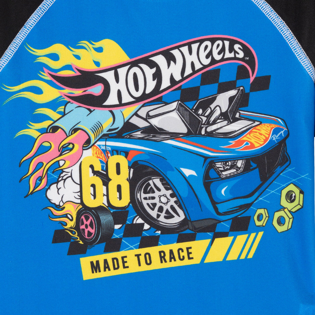 Hot Wheels 2-Piece Swimwear Rash Guard and Swim Trunks Set Blue Black Checker