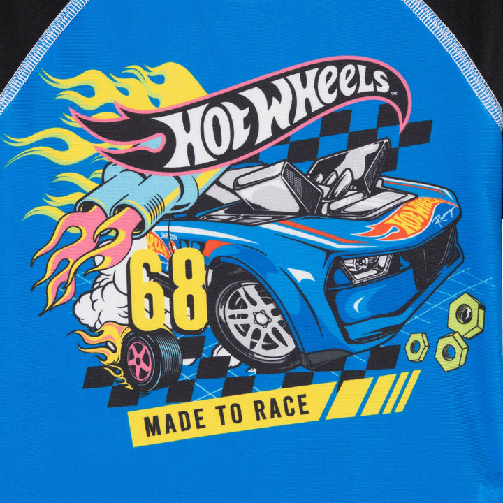 Hot Wheels 2-Piece Swimwear Rash Guard and Swim Trunks Set Blue Black Checker