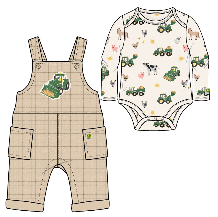 John Deere Baby Boys' 2-Piece Bodysuit and Overalls Set Khaki Cream