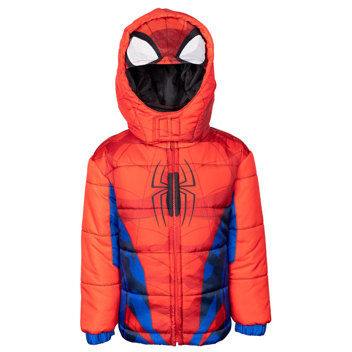 Marvel Spider-Man Boys' Hooded Zip-Up Puffer Jacket Red Blue