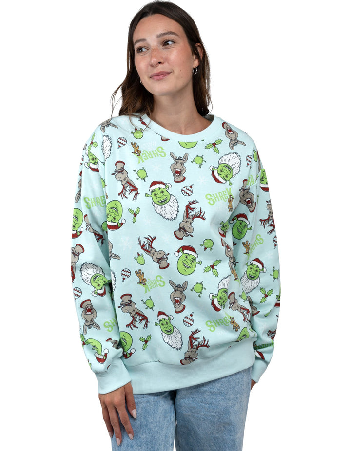 Shrek Adult Men or Women Holiday Fleece Pullover Sweatshirt Sky Blue Donkey