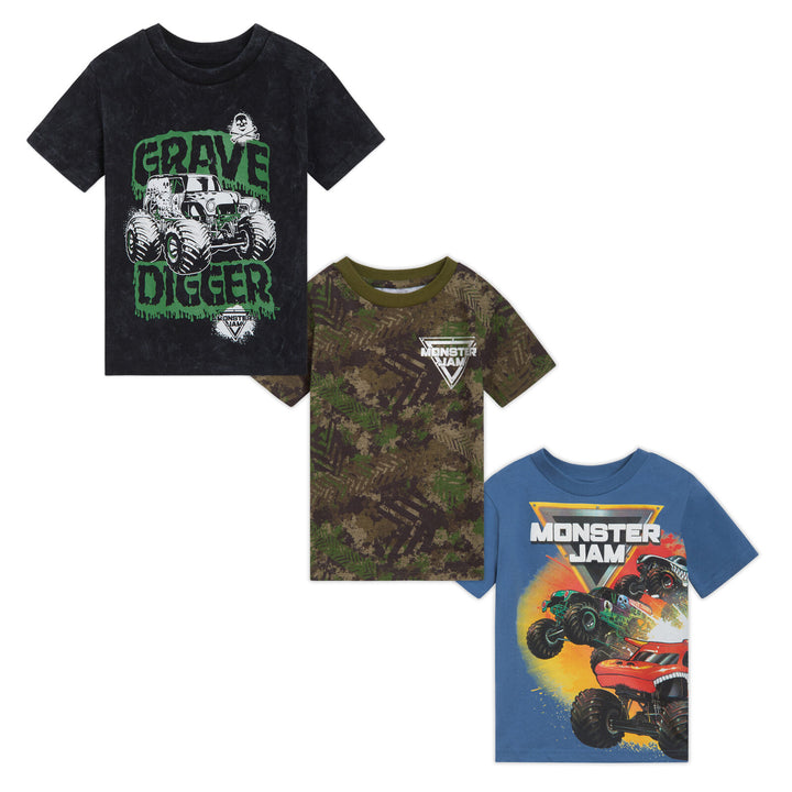 Monster Jam Boys' 3-Pack Short Sleeve T-Shirts Blue Black Olive Camo