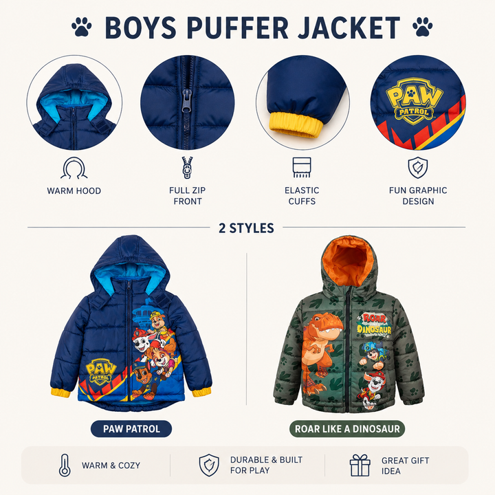Paw Patrol Boys' Hooded Puffer Coat Chase Marshall Olive