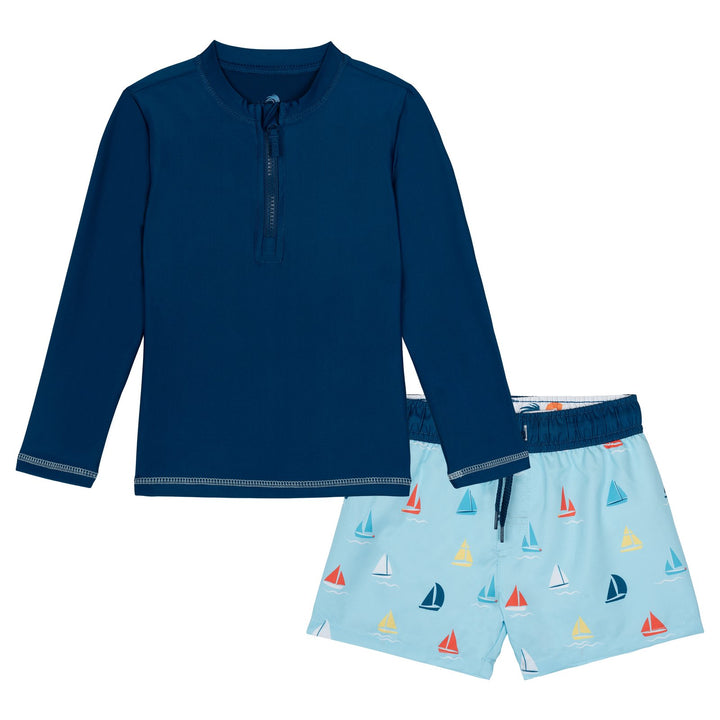 Dreamwave Boys' 2-Piece Swimwear Rash Guard and Swim Trunks Set Navy Sky Blue