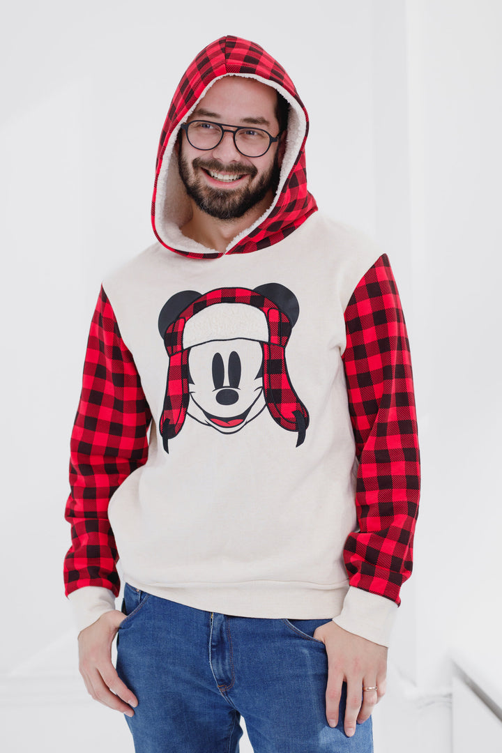 Disney Mickey Mouse Men's Holiday Fleece Hooded Pullover Red Plaid