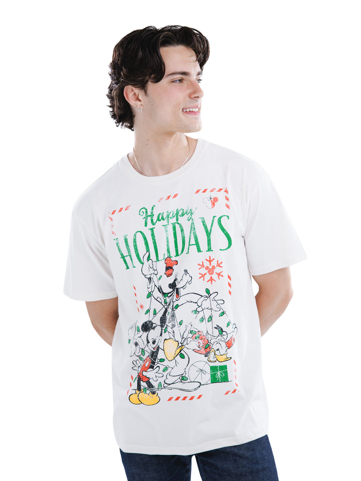 Disney Mickey Mouse Men's Holiday Short Sleeve T-Shirt Ivory Friends