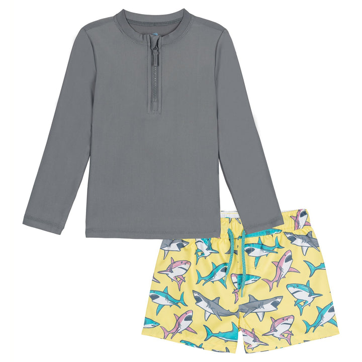 Dreamwave Boys' 2-Piece Swimwear Rash Guard and Swim Trunks Set Grey Teal Yellow