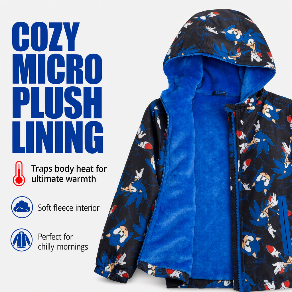 SEGA Sonic the Hedgehog Boys' Hooded Zip-Up Rain Jacket Black Blue