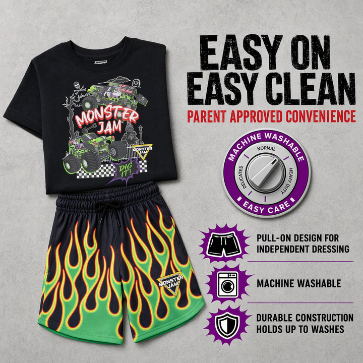 Monster Jam Grave Digger Athletic 2-Piece T-Shirt and Mesh Shorts Set Flames