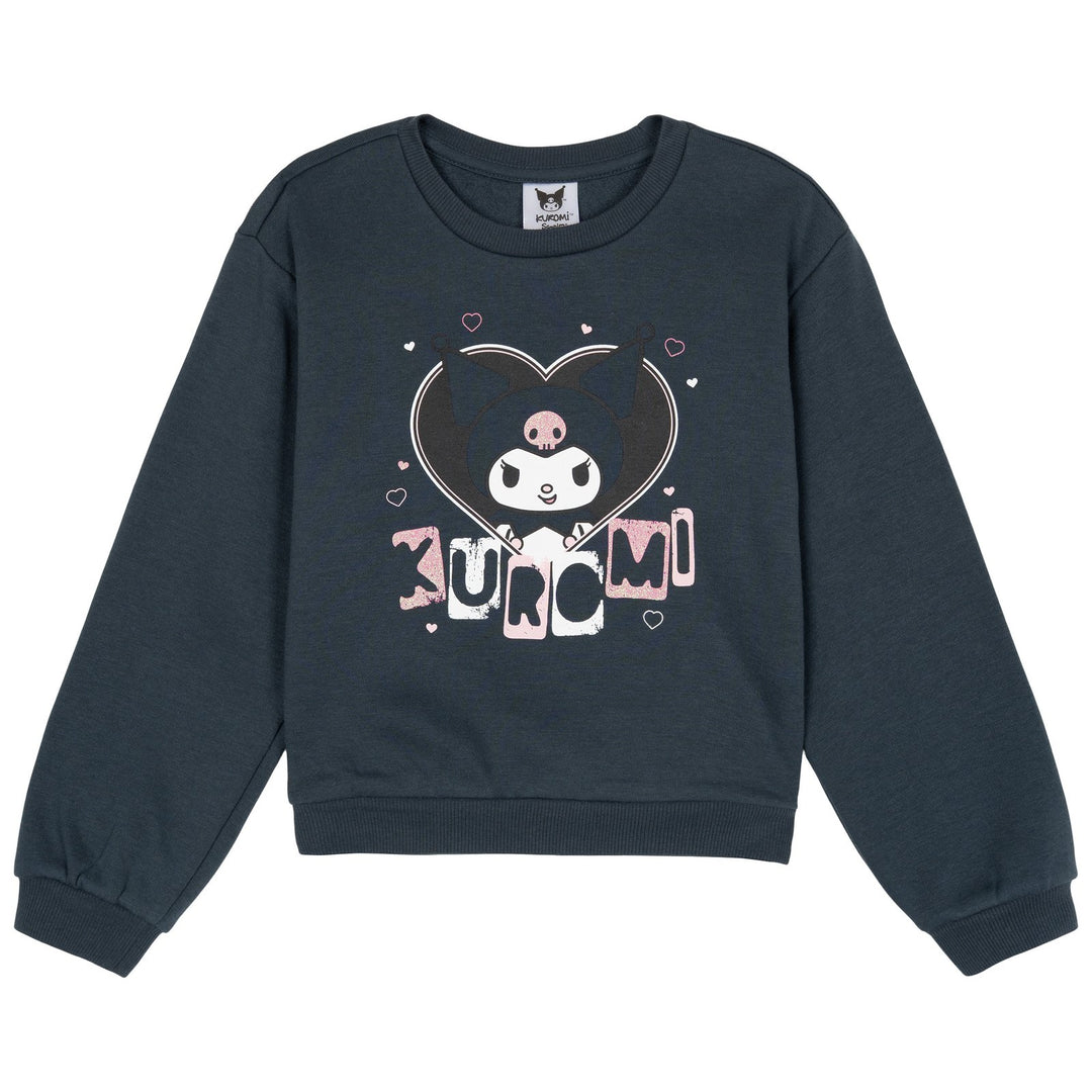 Hello Kitty Kuromi Girls' Fleece Sweatshirt and Plaid Pleated Skirt Set Charcoal