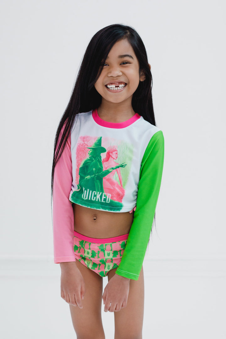 Wicked Girls' Cropped Swimwear Rash Guard and Bikini Set Pink Green