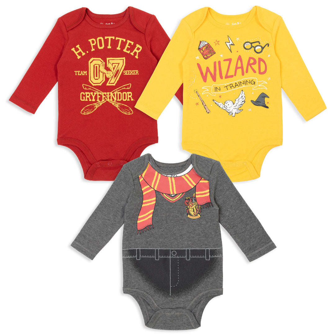 Harry Potter Baby One Piece Long Sleeve Bodysuit 3-Pack Red Gold Heather Grey