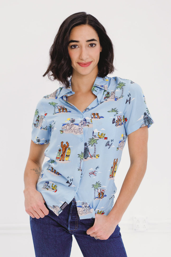 Star Wars Hawaiian Shirt, Dress, Short Set and Romper Boba Chewie Blue