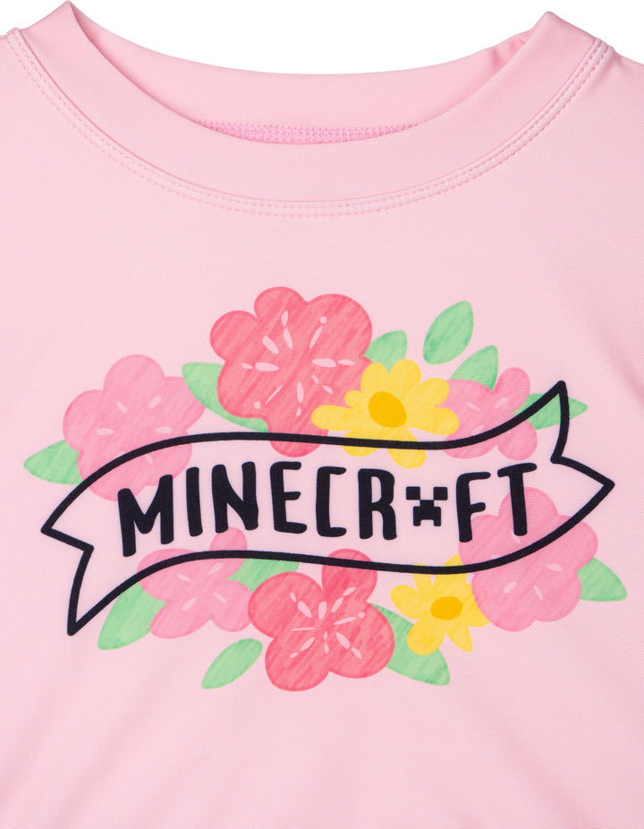 Minecraft Girls' Cropped 2-Piece Rash Guard and Bikini Set Creeper Pink Green