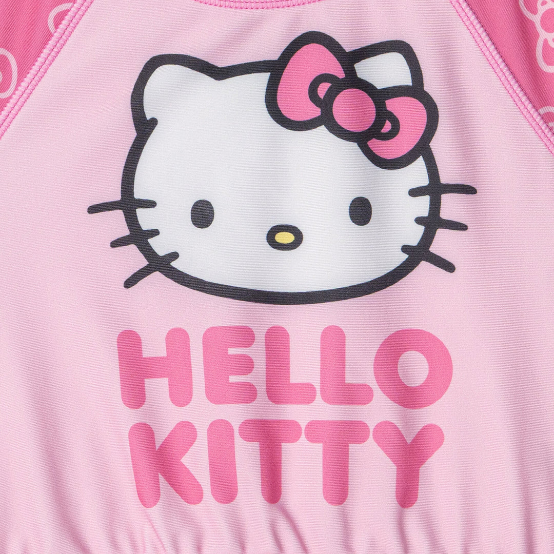 Hello Kitty Girls' 2-Piece Long Sleeve Rash Guard and Bikini Set Bow Pink
