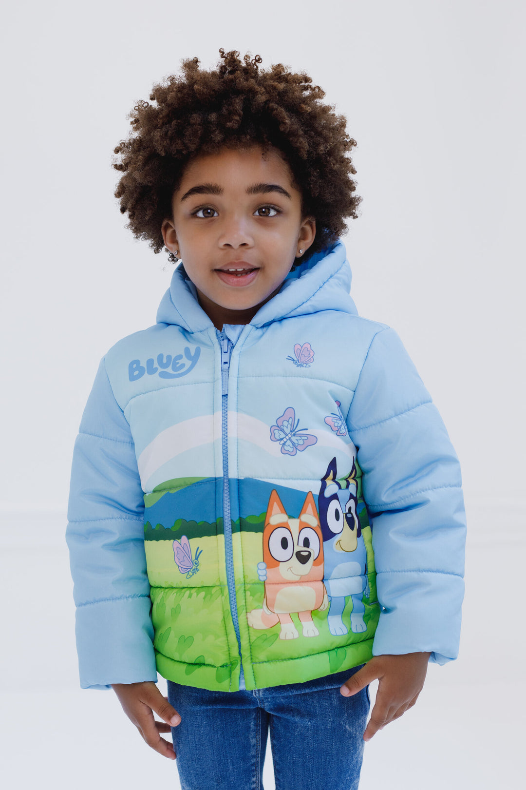 Bluey Girls' Hooded Zip-Up Puffer Jacket Bingo Sky Blue
