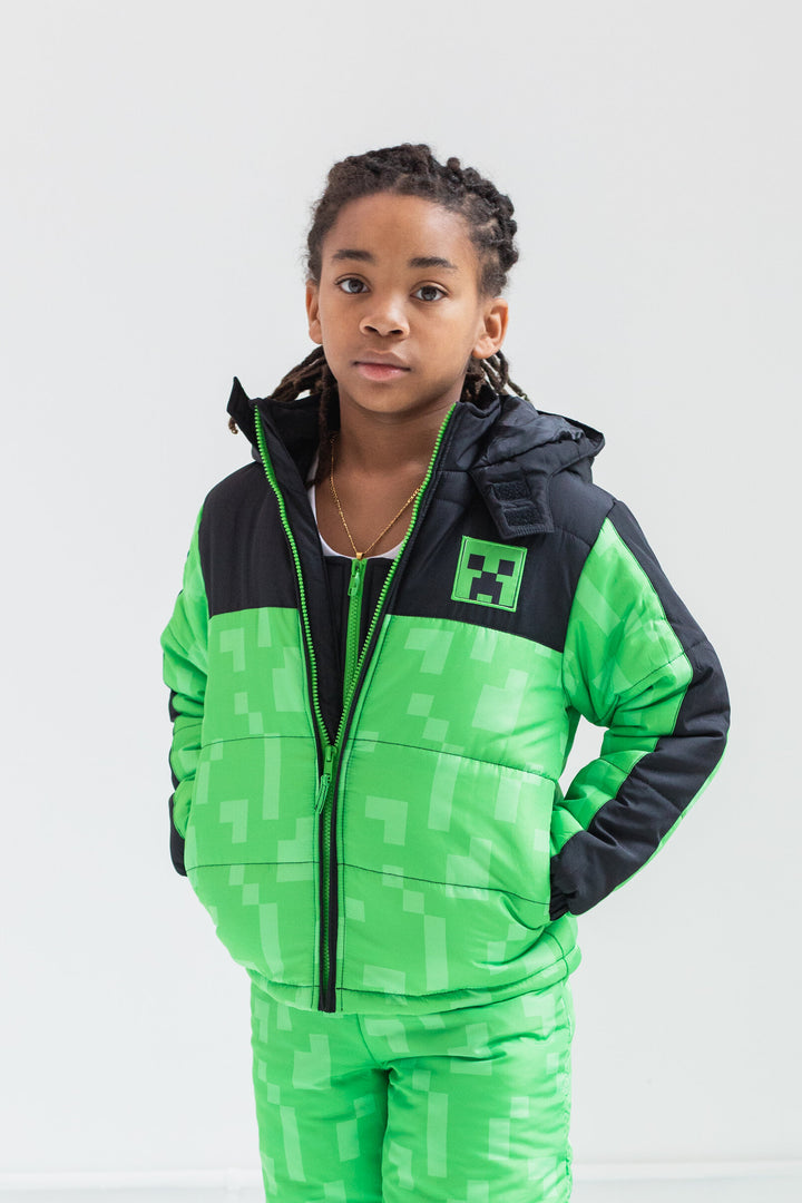 Minecraft Creeper Boys' 2-Piece Hooded Puffer Jacket and Snow Bib Set Green