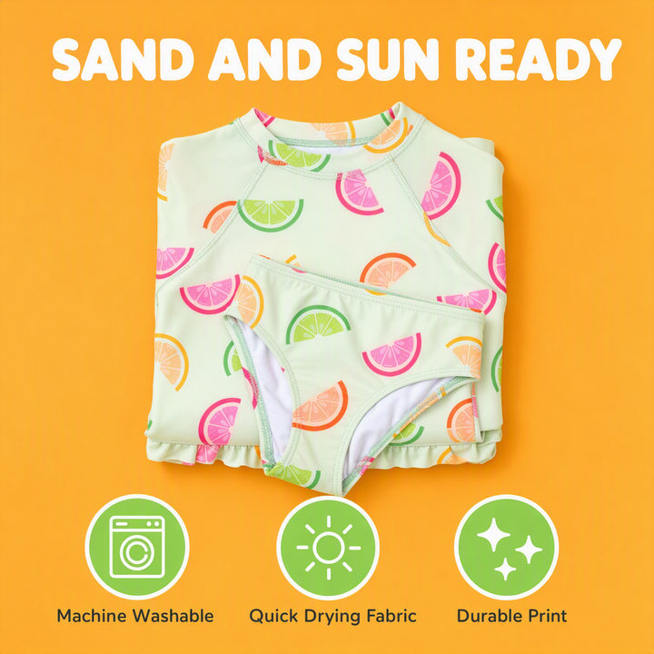 Dreamwave Girls' 2-Piece Swimwear Rash Guard and Bikini Set Mint Green Fruit