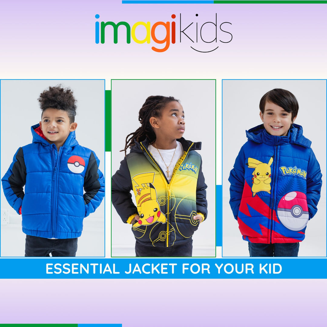 Pokemon Boys' Full Zip Hooded Puffer Jacket Blue Black