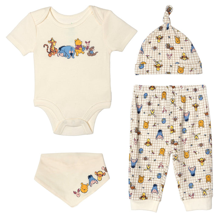 Disney Winnie the Pooh Baby 4-Piece Bodysuit Pants Bib and Hat Set Tusk
